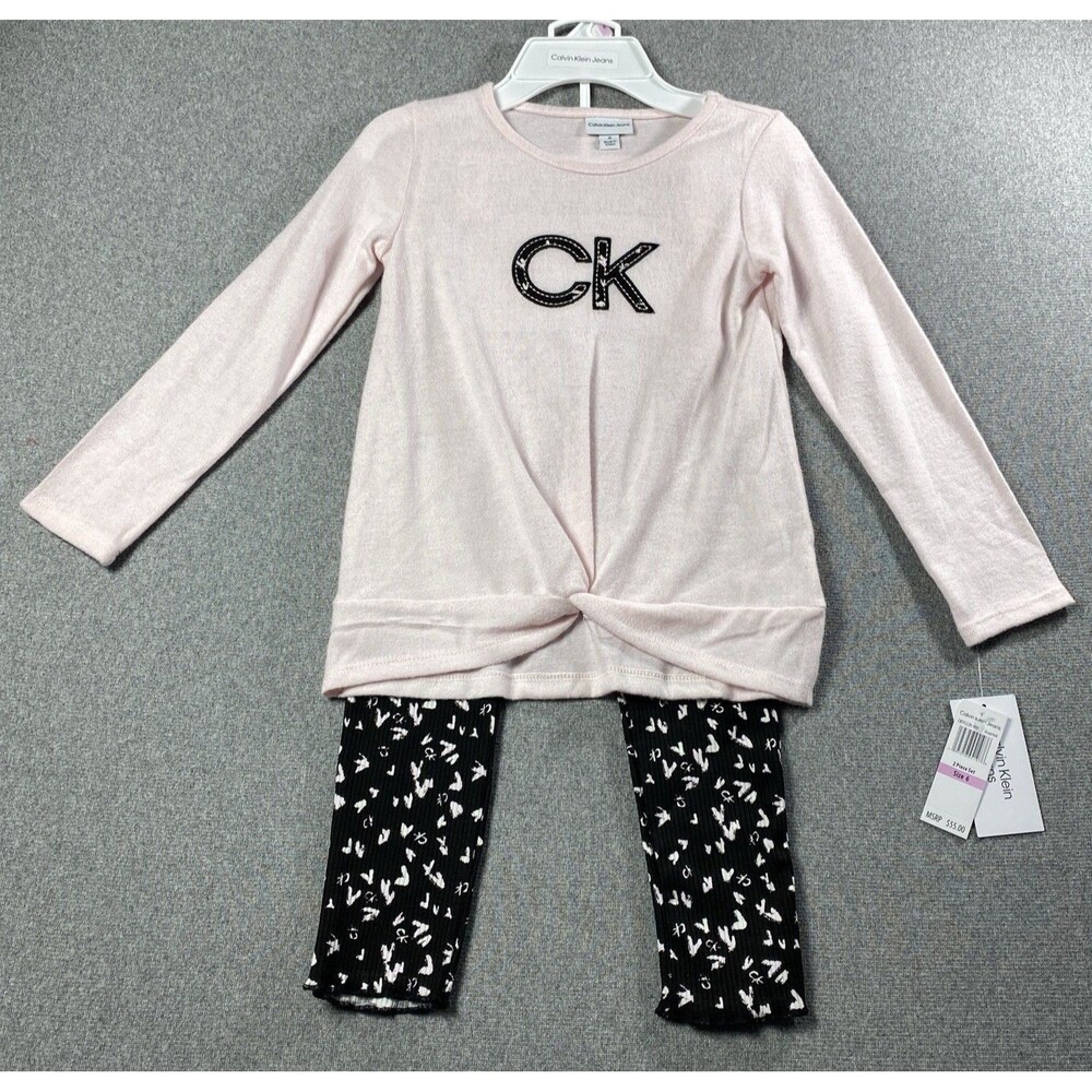 Calvin Klein Little Girls Logo Sweater and Floral Ribbed Leggings, 2 Piece Sz 6